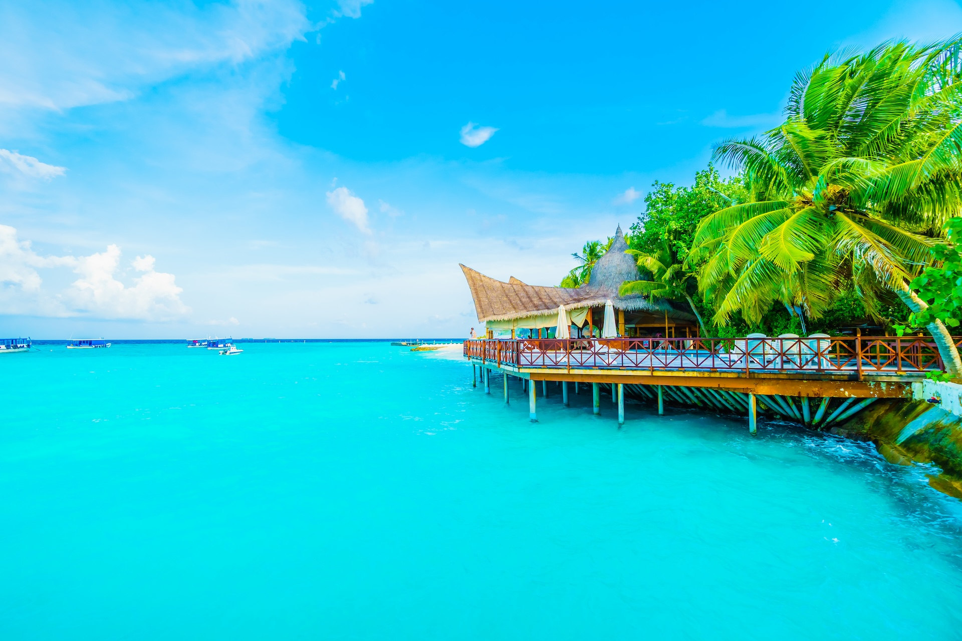 Hotel marketing of beautiful luxury beach resort in Maldives with restaurant view